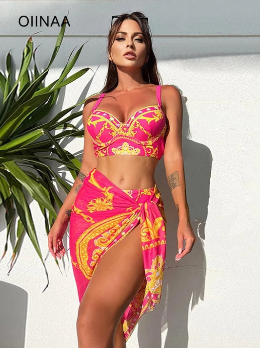OIINAA Bikini Set Women Swimsuit Three-Piece Beach Wrap Skirt Chic Printed Female Swimwear Backless Bathing Fashion Beachwear
