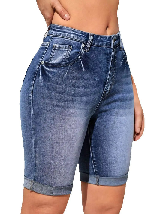 2025 Summer High-Waisted Curled Denim Shorts for Women – Fashion Casual Slim Fit, High Elasticity Knee-Length Jeans