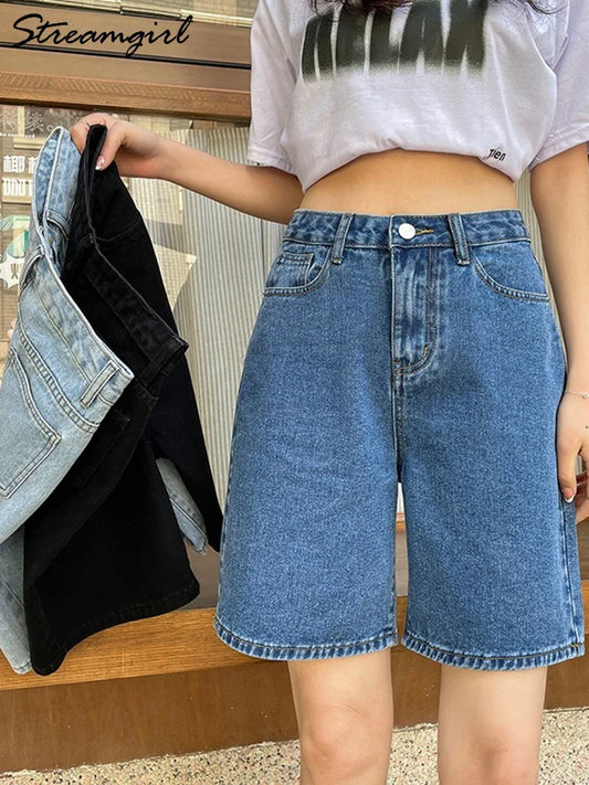 Streamgirl 2025 High-Waisted Denim Shorts for Women – Vintage Loose Fit Straight Cut Shorts, Casual Summer Jeans